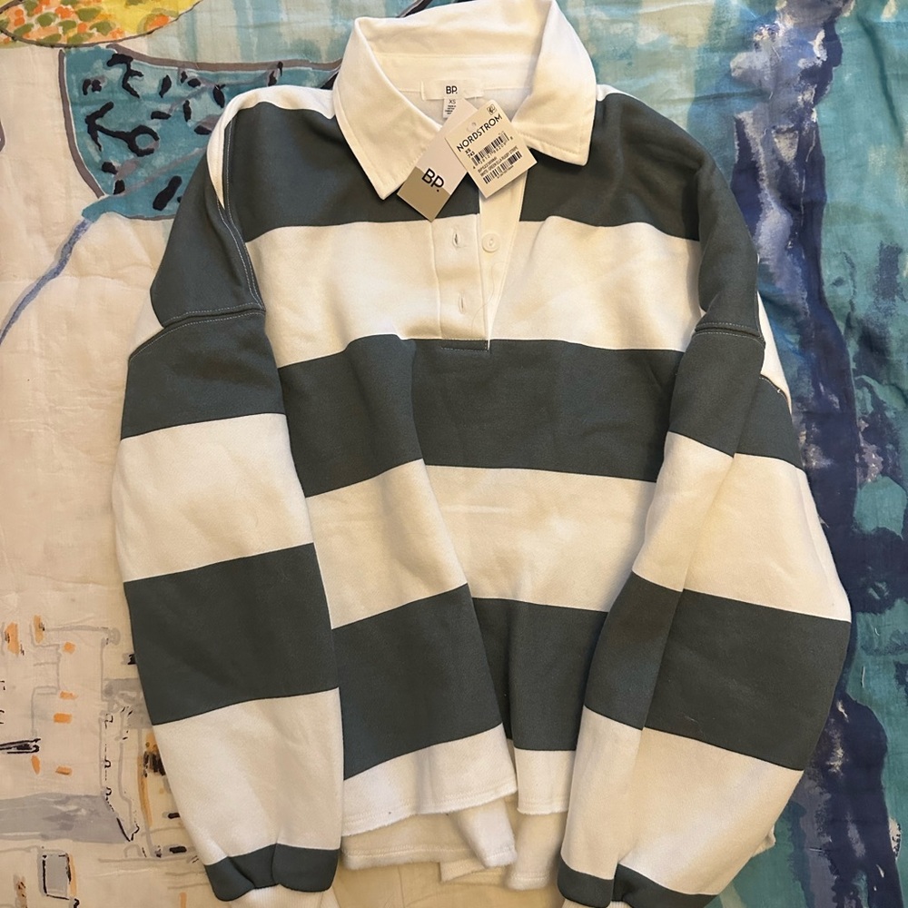 BP Wide-Stripe Rugby Pullover in White and Slate